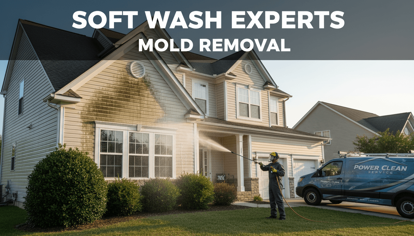 Professional soft washing cleaning residential house exterior and gutters