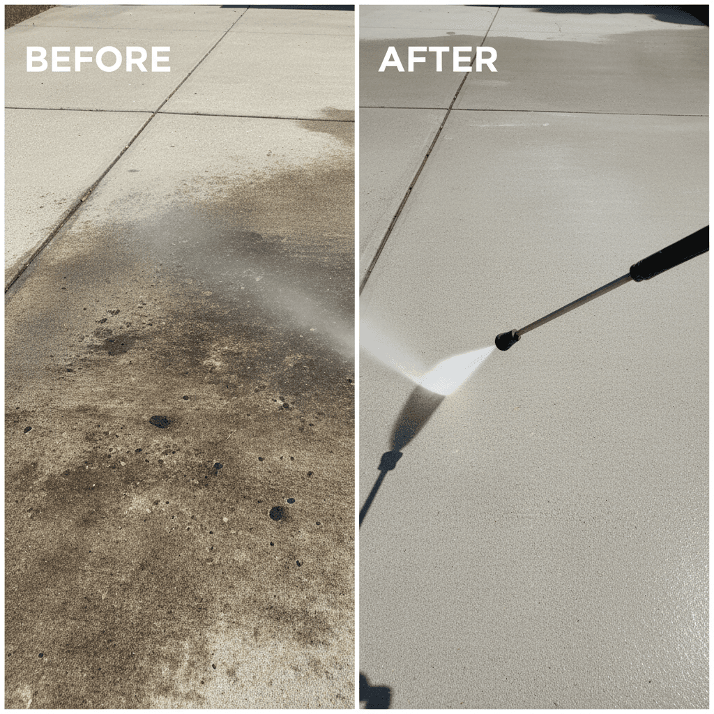 Before and after pressure washing of residential driveway