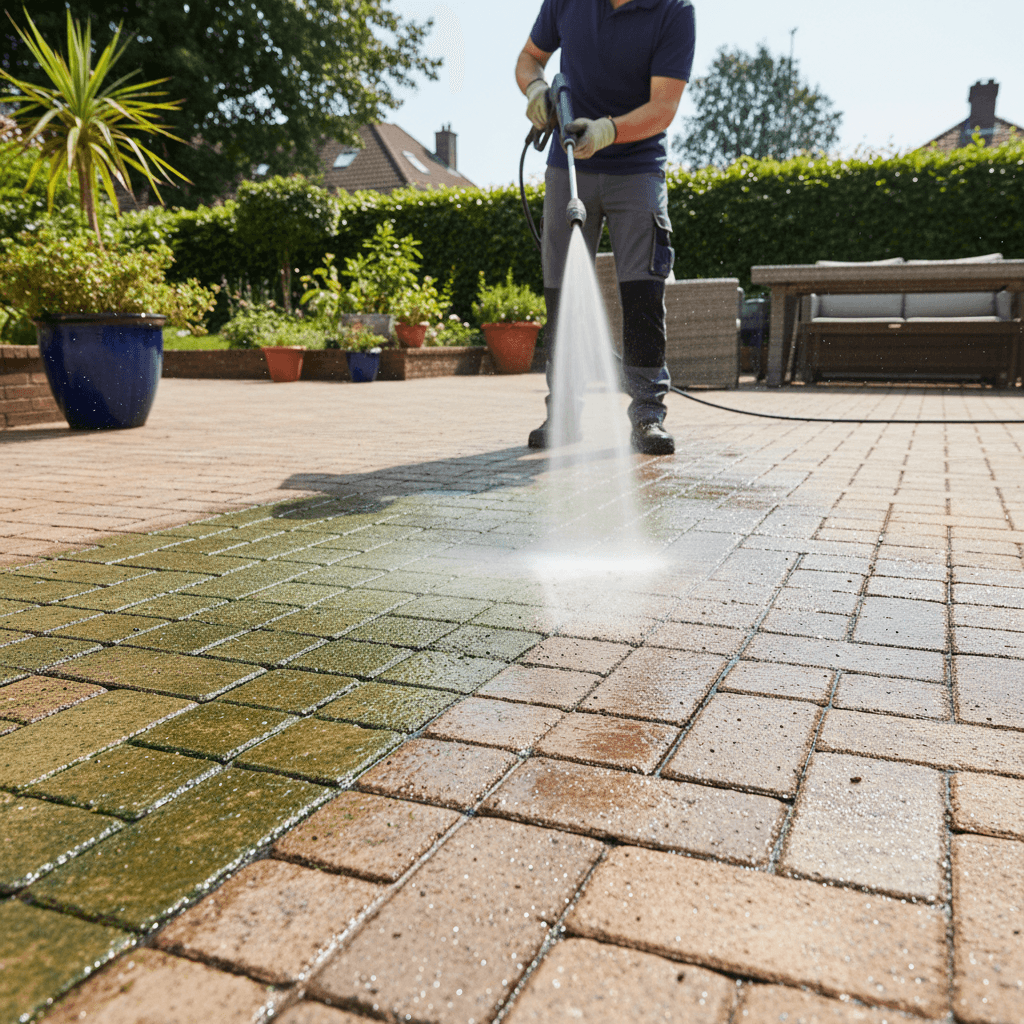 Technician pressure washing a patio, restoring clean brick surface in natural light.
