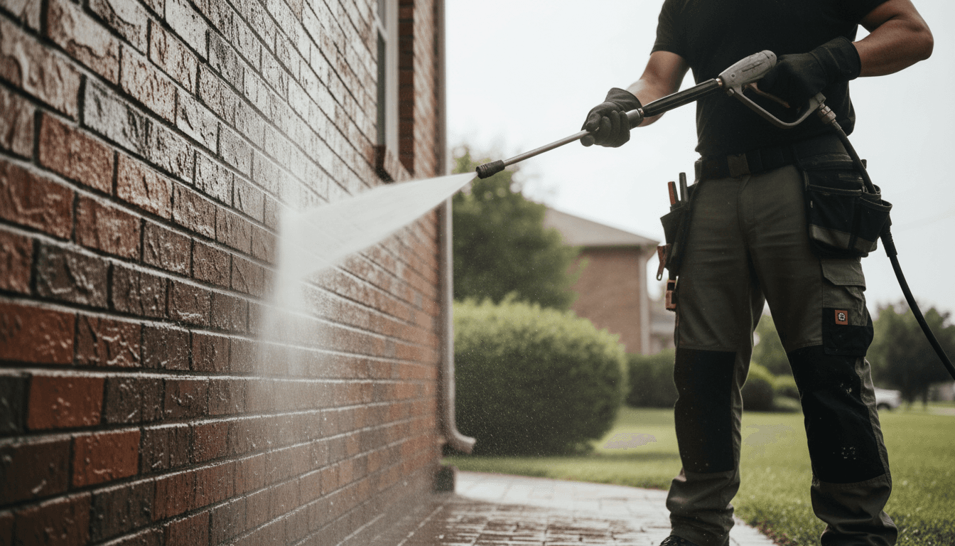 Professional pressure washing cleaning brick home exterior with clear water spray