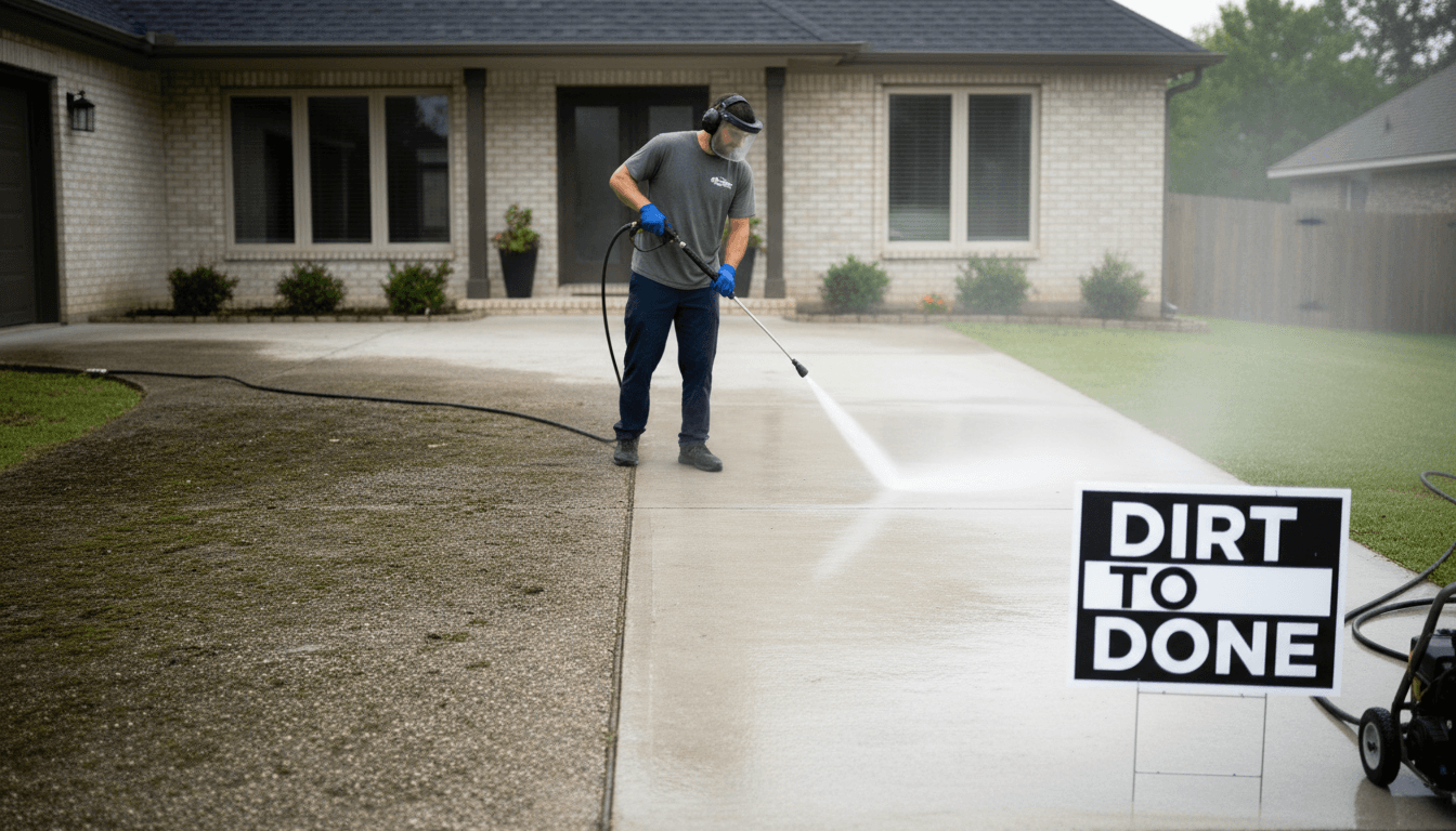 EZ Wash team member performing professional driveway cleaning