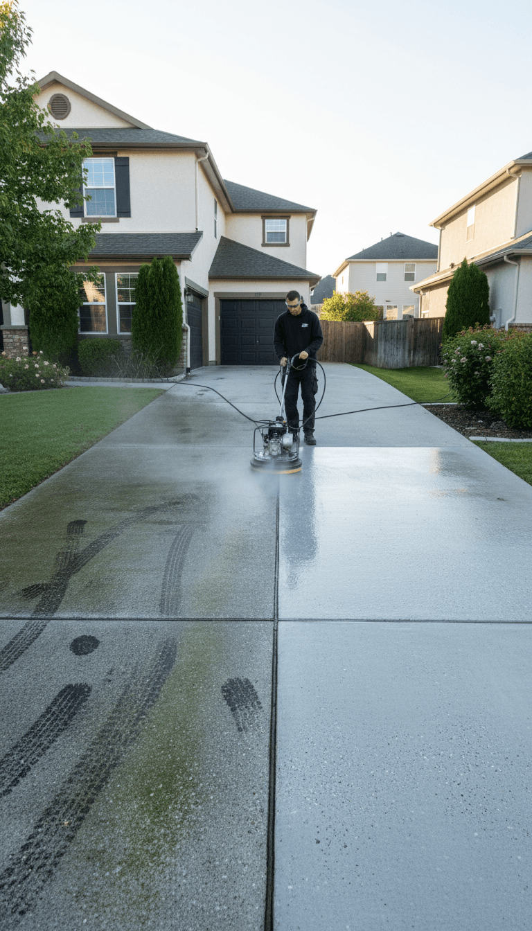 Driveway covered in dirt and stains before professional cleaning