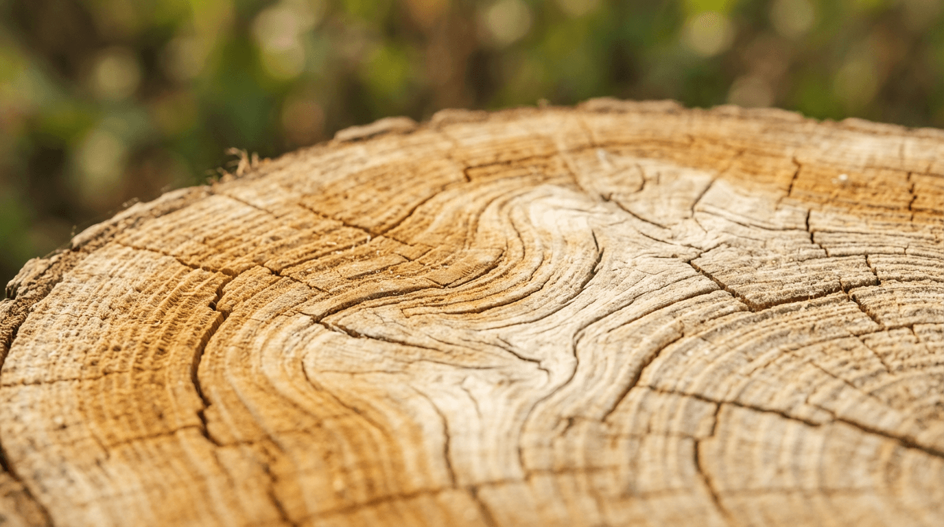 Macro close-up of tree stump rings with sunlight, dust particles, and blurred green background foliage.