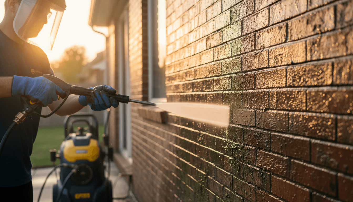 Professional pressure washing cleaning brick exterior of residential home