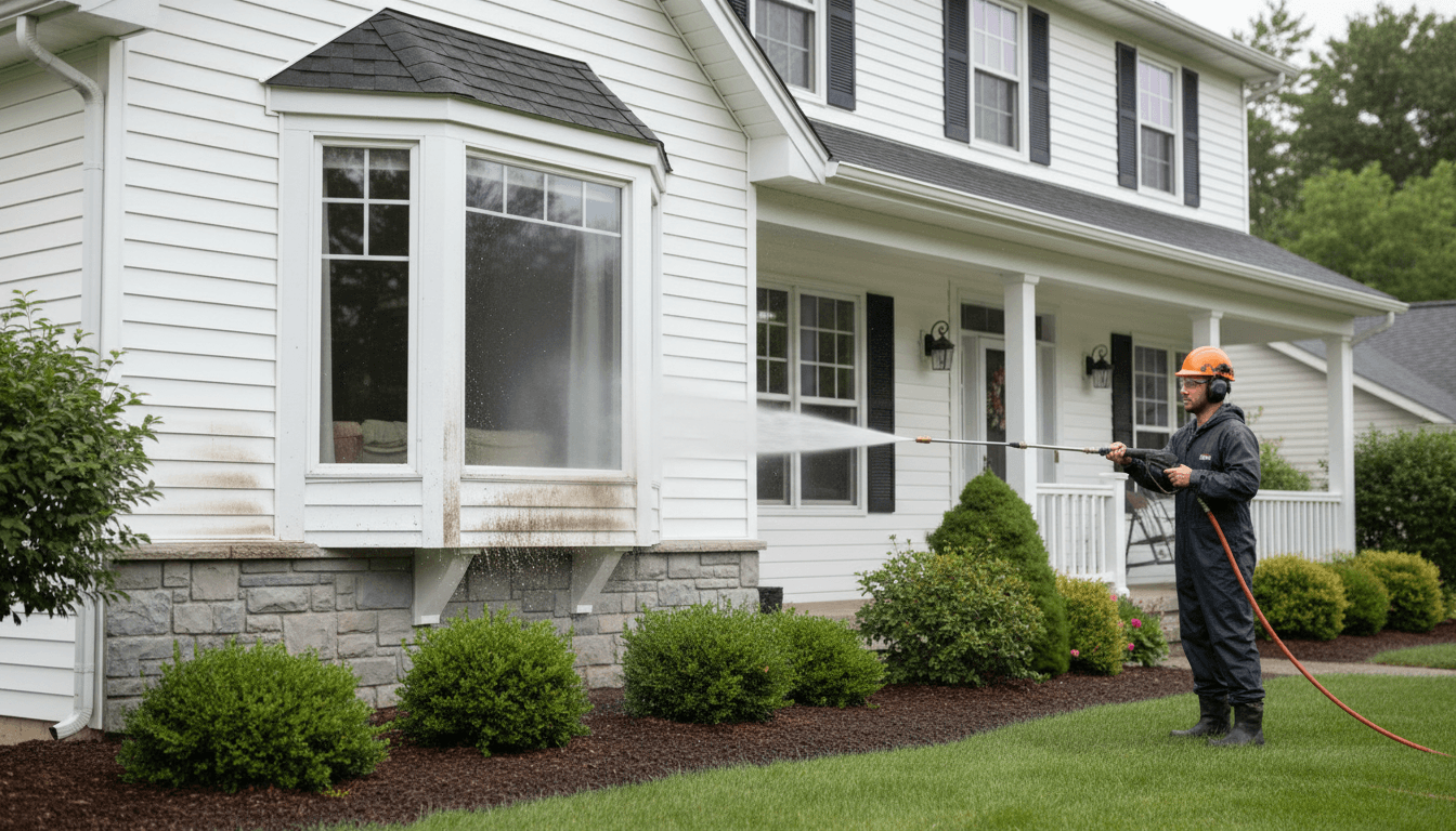 Professional technician pressure washing house exterior siding with visible dirt and grime removal under overcast daylight