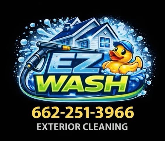 EZ WASH exterior cleaning logo featuring a house, pressure washer wand, and rubber duck.