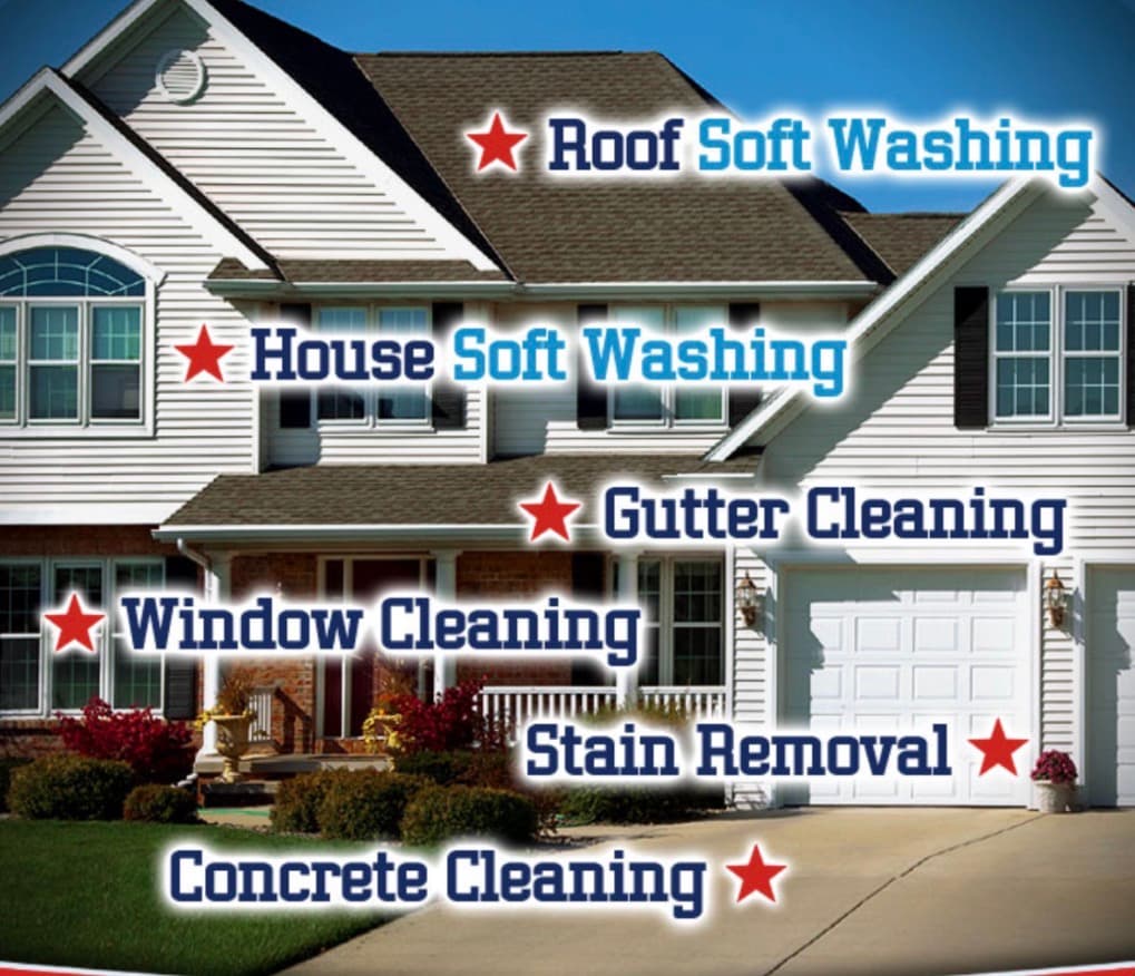 Two-story white house with text overlays for roof, window, gutter, and concrete cleaning services.
